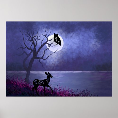 Beautiful Full Moon over Water with Owl and Deer Poster
