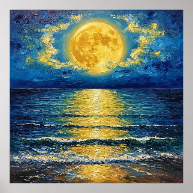Beautiful Full Moon Reflecting on Ocean Waves Poster (Front)