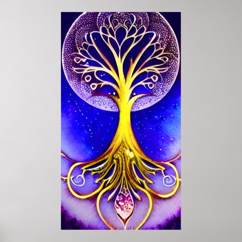 Beautiful Full Moon with Golden Tree of Life Poster