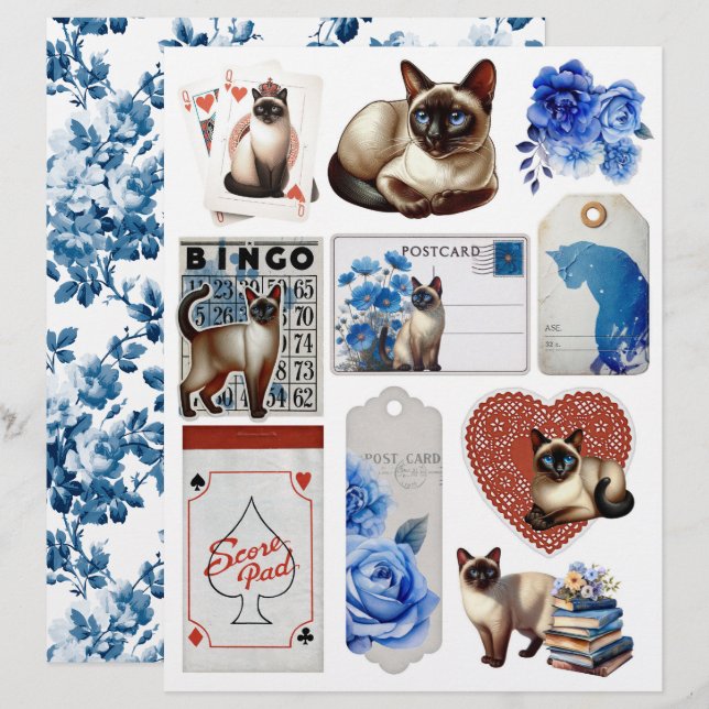 Beautiful Fussy Cuts with Siamese Cat & Blue Roses (Front/Back)