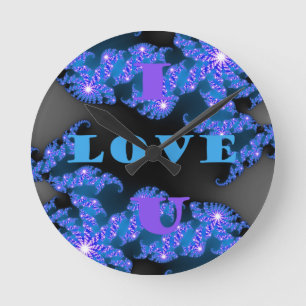 Beautiful Galactic Blue Love Text Pattern Design, Round Clock