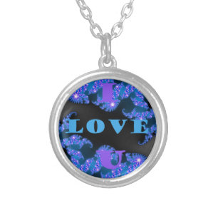 Beautiful Galactic Blue Love Text Pattern Design, Silver Plated Necklace