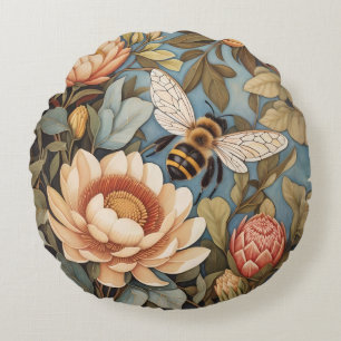Beautiful Garden Bee With Protea Flowers Round Pillow
