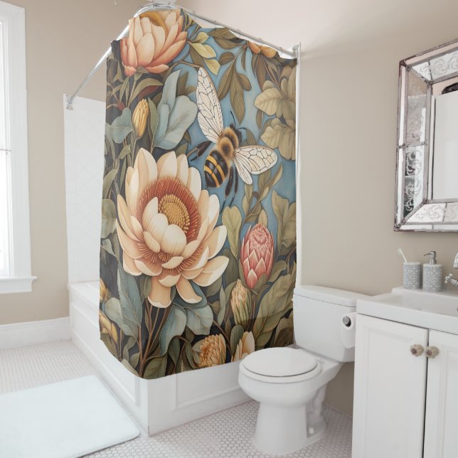 Beautiful Garden Bee With Protea Flowers Shower Curtain (In Situ)