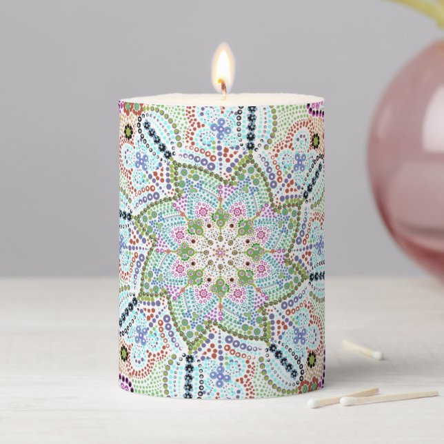 Beautiful Garden Doily Mandala Art Pillar Candle (In Situ)