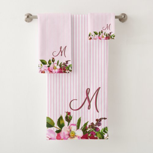 Beautiful Garden Flowers Custom Monogram Stripes  Bath Towel Set