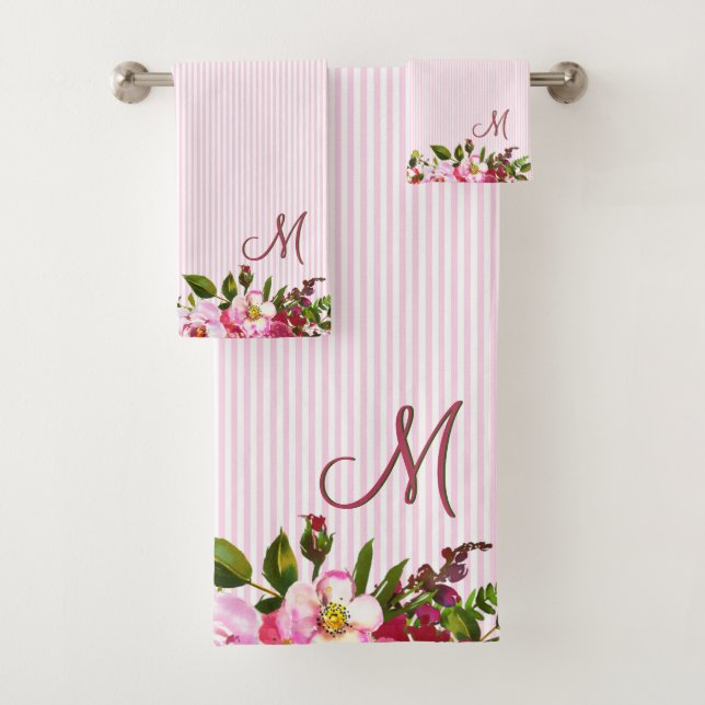 Beautiful Garden Flowers Custom Monogram Stripes  Bath Towel Set (Insitu)