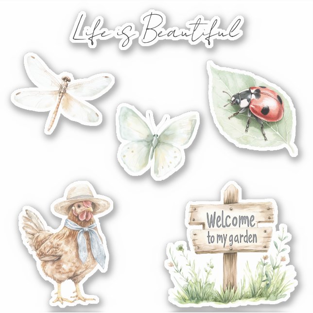 Beautiful Garden Ladybug Butterfly Dragonfly Sticker (Front)