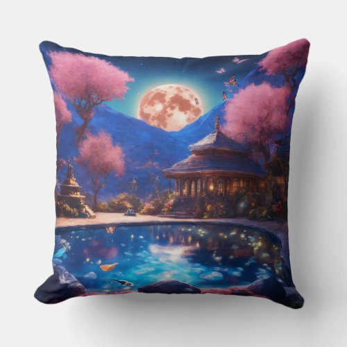 Beautiful garden water pond with frog throw pillow