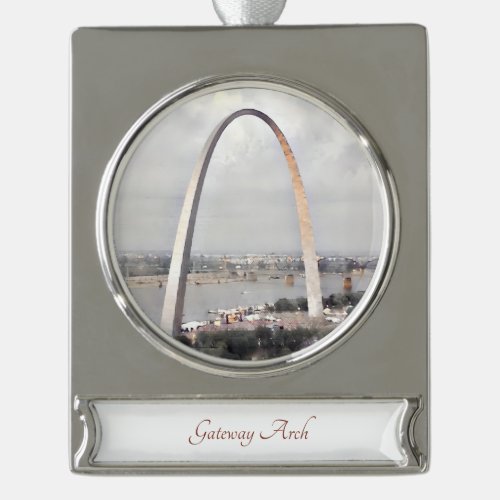 Beautiful Gateway Arch Watercolor Painting Silver Plated Banner Ornament