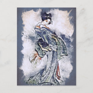 Beautiful Geisha in Kimono Vintage Watercolor Art Holiday Postcard