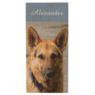 Beautiful German Shepherd Dog & Editable Name Wood Flash Drive