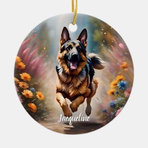 Beautiful German Shepherd Dog  Flowers Ceramic Ornament