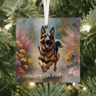 Beautiful German Shepherd Dog & Flowers Glass Ornament