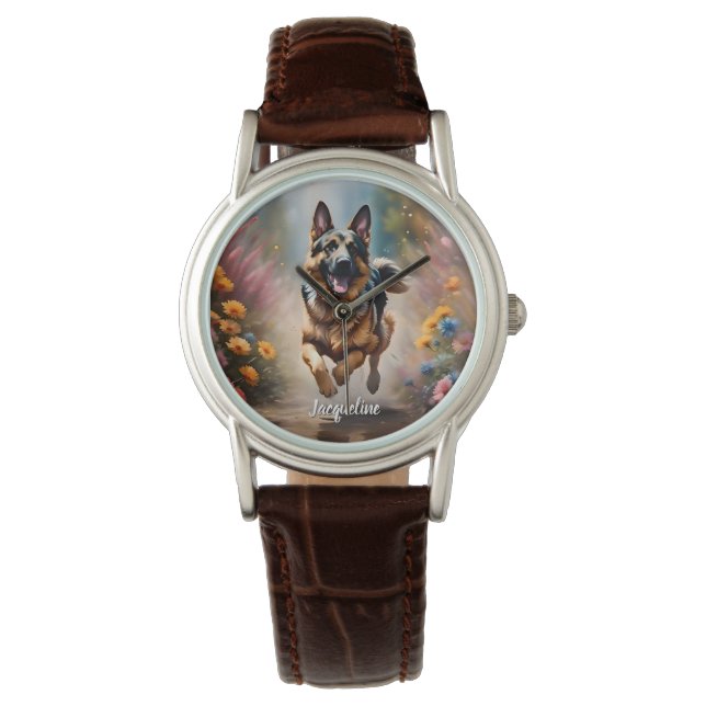 Beautiful German Shepherd Dog & Flowers Watch (Front)