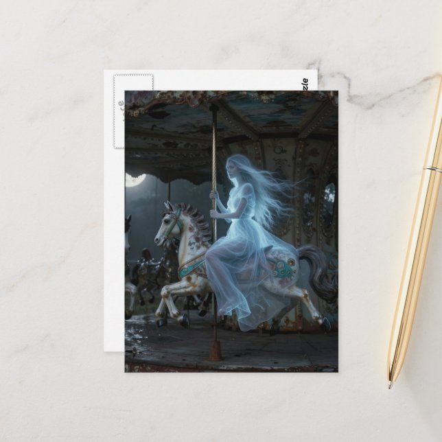 Beautiful Ghost Woman on Abandoned Carousel Postcard (Front/Back In Situ)
