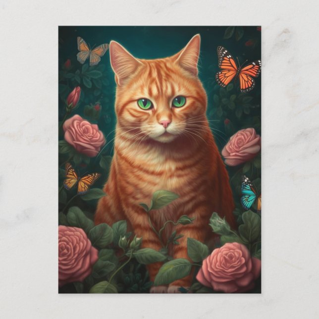 Beautiful Ginger Cat With Pink Roses Postcard (Front)