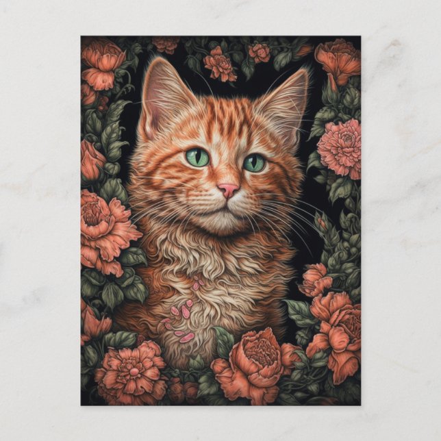 Beautiful Ginger Kitten and Flowers Postcard (Front)