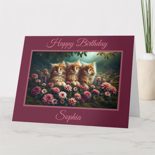 Beautiful Ginger Kittens with Pink Flowers Card (Front)