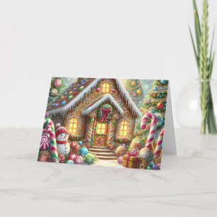 Beautiful Gingerbread House with Snowman Christmas Holiday Card