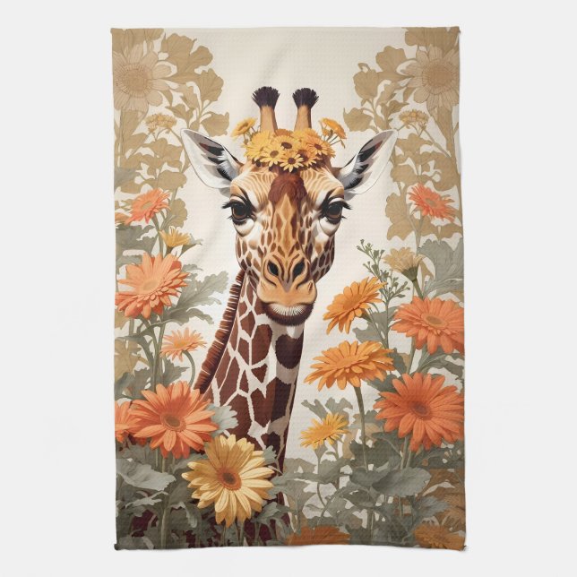 Beautiful Giraffe and Gerbera Daisy Flowers Kitchen Towel (Vertical)