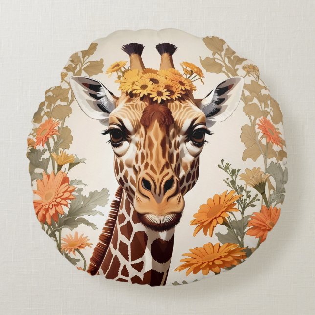 Beautiful Giraffe and Gerbera Daisy Flowers Round Pillow (Front)