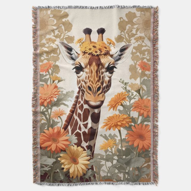 Beautiful Giraffe and Gerbera Daisy Flowers Throw Blanket (Front Vertical)
