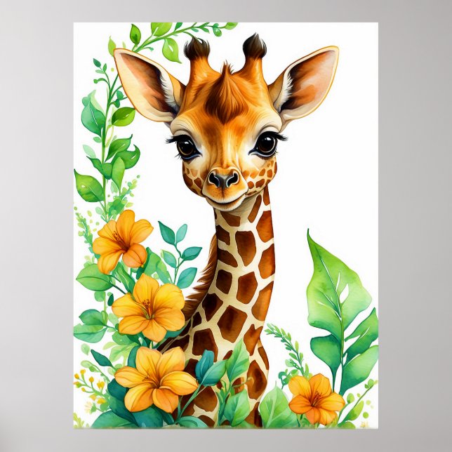 Beautiful Giraffe Animal With Orange Flowers Poster (Front)