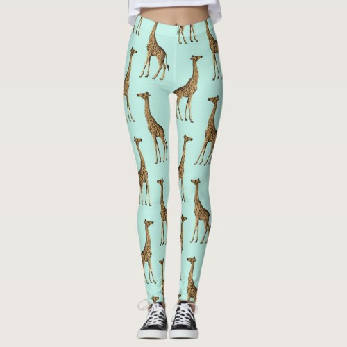 Beautiful Giraffes Blue and Gold Leggings