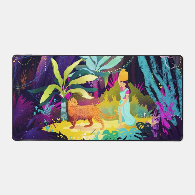 Beautiful girl and a leopard desk mat (Front)