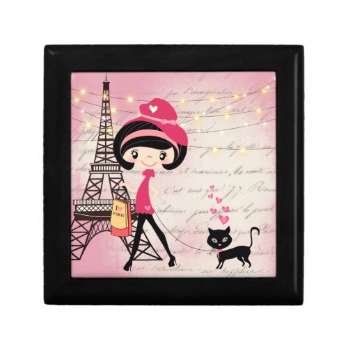 Beautiful Girl and Cat in Paris Eiffel Tower Gift Box