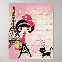 Beautiful Girl and Cat in Paris Eiffel Tower Poster