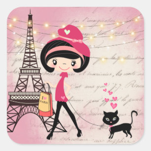 Beautiful Girl and Cat in Paris Eiffel Tower Square Sticker