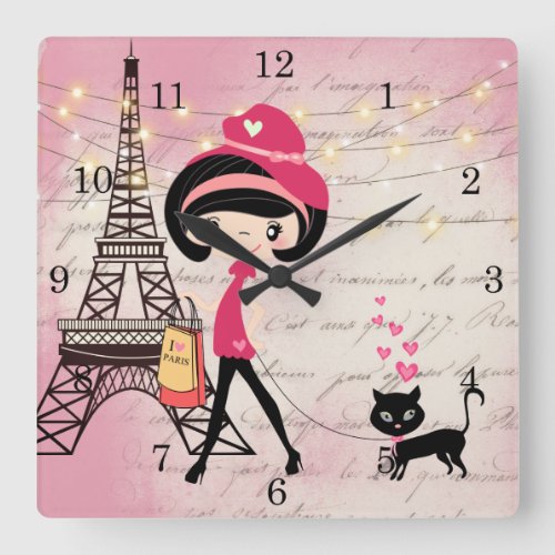 Beautiful Girl and Cat in Paris Eiffel Tower Square Wall Clock