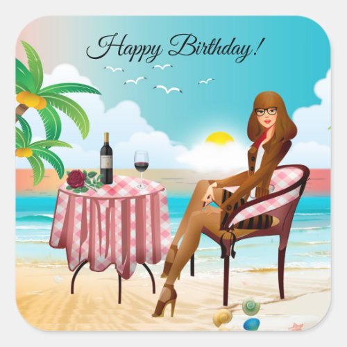 Beautiful Girl At The Beach Birthday Square Sticker