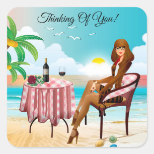 Beautiful Girl At The Beach Thinking Of You Square Sticker