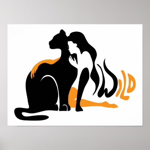 Beautiful girl big black cat Panther illustration Poster