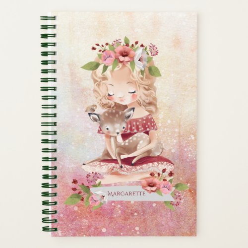 Beautiful Girl Deer Lovely Floral Illustration  Notebook