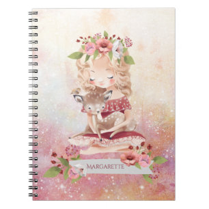 Beautiful Girl Deer Lovely Illustration Vintage Notebook