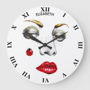 Beautiful Girl Face Drawing With Ladybug Large Clock
