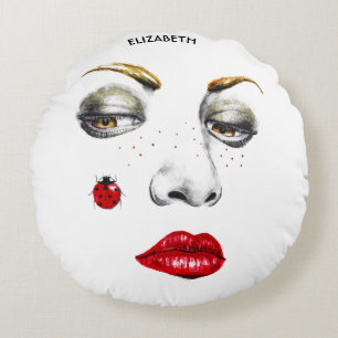 Beautiful Girl Face Drawing With Ladybug Round Pillow