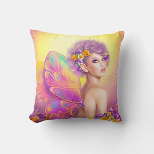 Beautiful girl fairy butterfly at pink and purple throw pillow