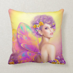 Beautiful girl fairy butterfly at pink and purple throw pillow