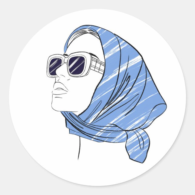 Beautiful girl in a blue bandana and sunglasses classic round sticker (Front)