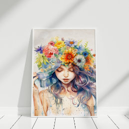 Beautiful Girl Portrait with Flowers in Her Head Poster