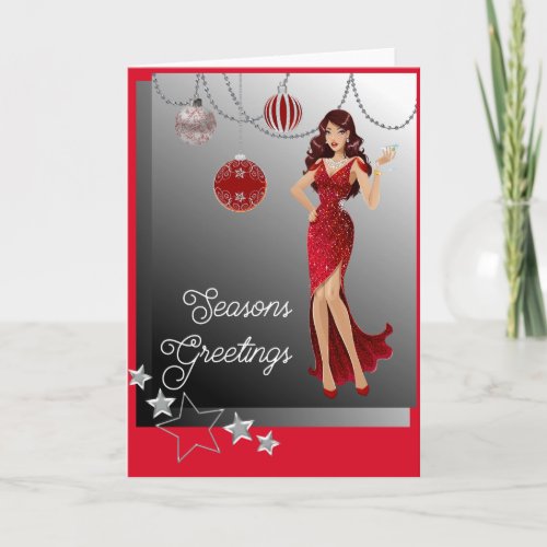 Beautiful Girl Red Evening Gown Dangling Ornaments Holiday Card