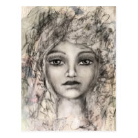 Beautiful Girl Sketch Black White Whimsical Art Postcard