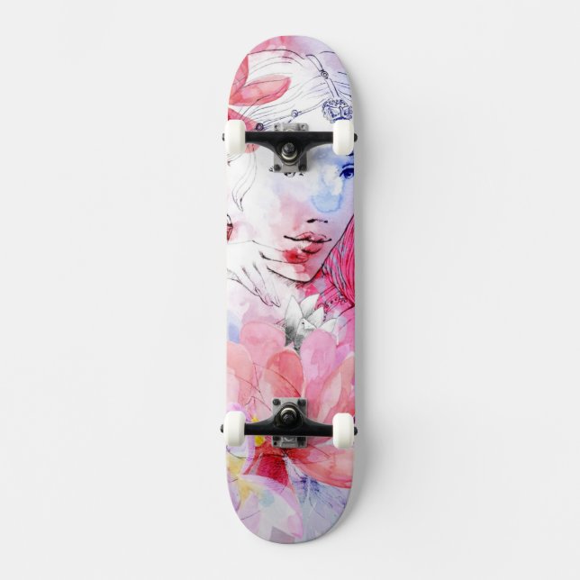 Beautiful girl with a bouquet of flowers skateboard deck (Front)