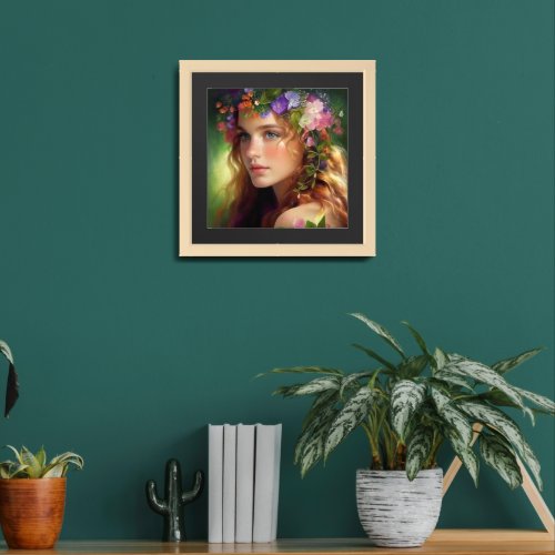 Beautiful girl with a flower crown framed art
