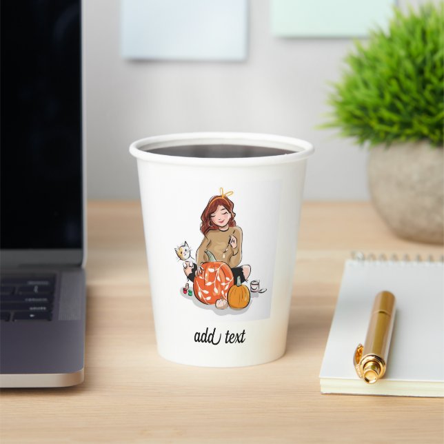 Beautiful Girl with Brown Hair Coloring Pumpkins Paper Cups (Insitu)